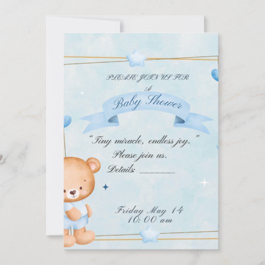 Teddybeer Baby Shower Uitnodiging (Voorkant)