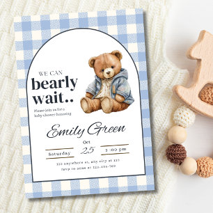 Teddybeer baby shower uitnodiging, Blauw geruit ba