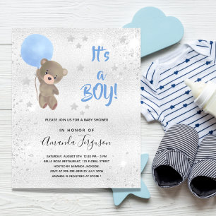Teddybeer baby shower uitnodiging blauw zilver bud flyer