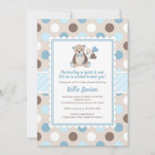 Teddybeer baby shower uitnodiging jongen blauw bru (Voorkant)
