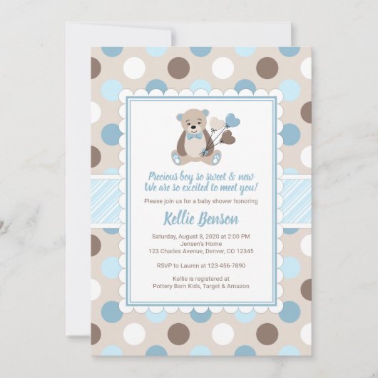 Teddybeer baby shower uitnodiging jongen blauw bru (Voorkant)