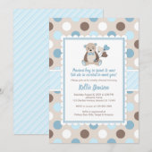 Teddybeer baby shower uitnodiging jongen blauw bru (Voorkant / Achterkant)