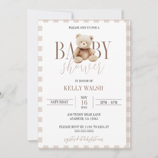 Teddybeer Baby shower Uitnodiging Neutraal Beer (Voorkant)