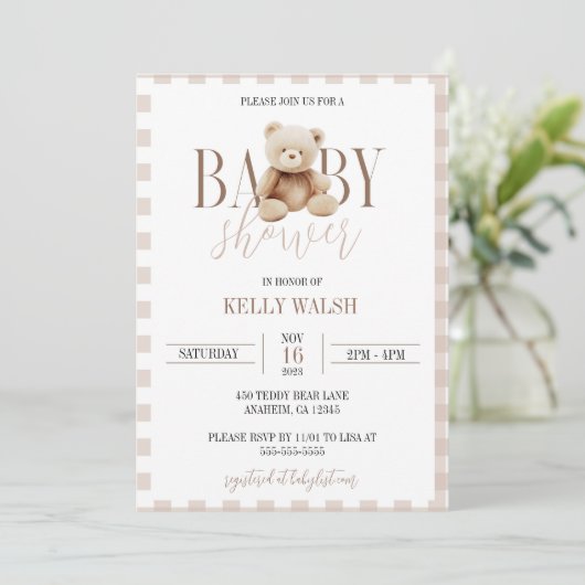 Teddybeer Baby shower Uitnodiging Neutraal Beer (Staand voorkant)