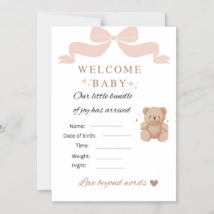 Teddybeer Baby Shower Uitnodigingskaart   Welkom Magnetische Uitnodiging