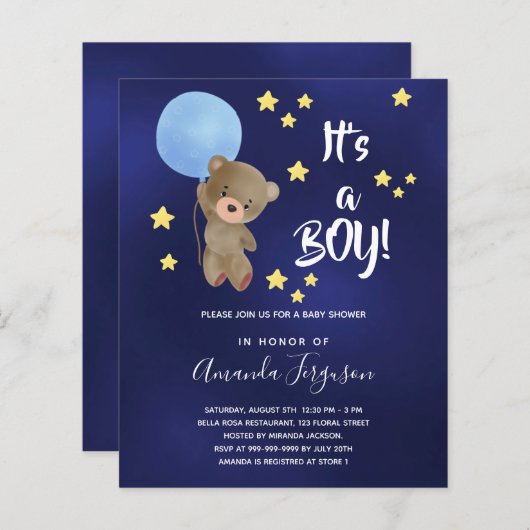 Teddybeer babyborrel uitnodiging jongen blauw (Voorkant / Achterkant)