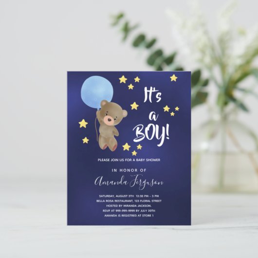 Teddybeer babyborrel uitnodiging jongen blauw (Staand voorkant)