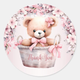 Teddybeer Babymeisje Roze Bloemen Feest Elegant Ronde Sticker