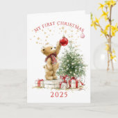 Teddybeer Baby's Eerste Kerstmis Kaart (Gele Bloem)