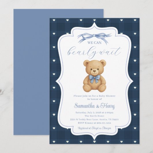 Teddybeer Babyshower Feest Uitnodiging (Voorkant / Achterkant)