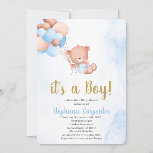 Teddybeer babyshower jongen kaart (Voorkant)