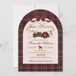 Teddybeer babyshower meisje geruit burgundy lint  kaart
