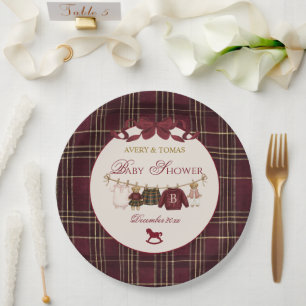 Teddybeer Babyshower Meisje Geruit Burgundy Strik Papieren Bordje