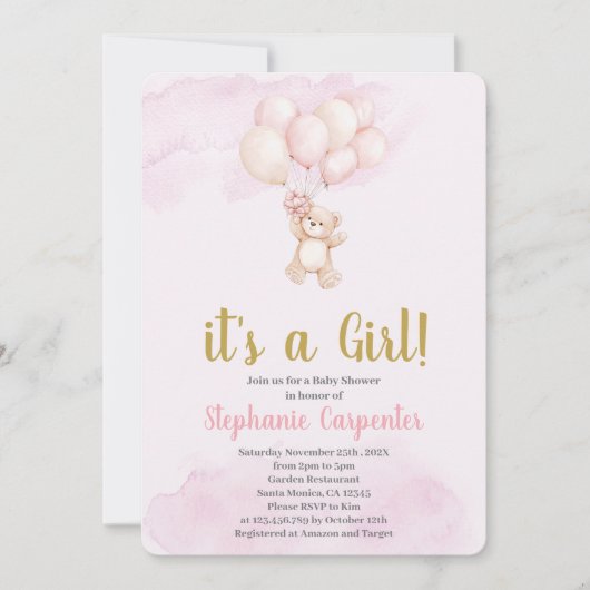 Teddybeer babyshower meisje kaart (Voorkant)