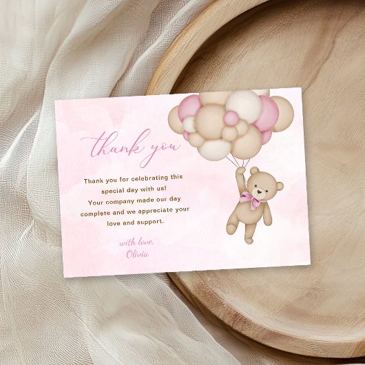 Teddybeer Babyshower Roze Bedankkaart