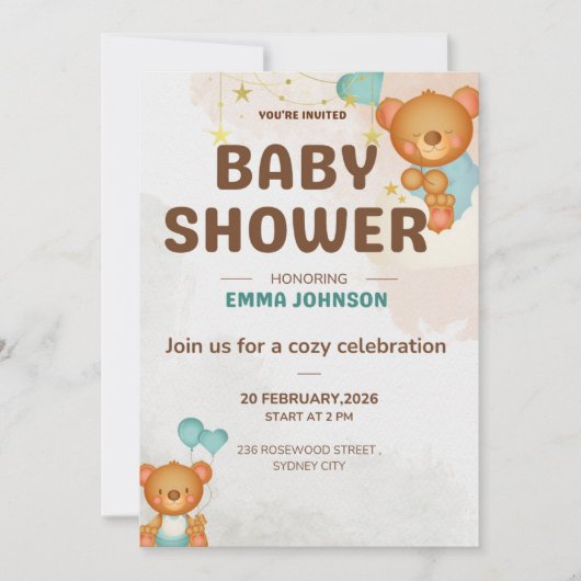 Teddybeer Babyshower Uitnodiging (Voorkant)