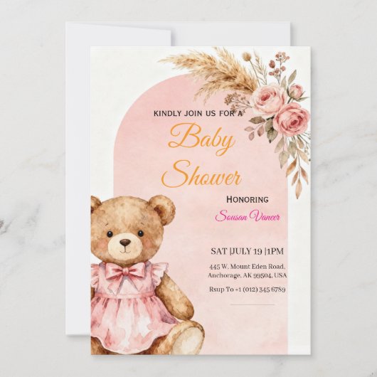 Teddybeer Babyshower Uitnodiging (Voorkant)