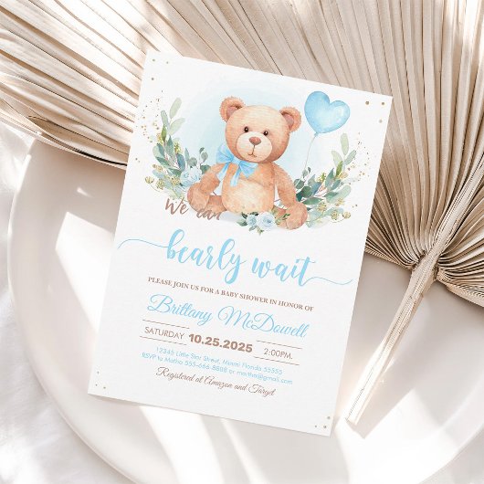 Teddybeer Babyshower Uitnodiging | Blauw & Bruin