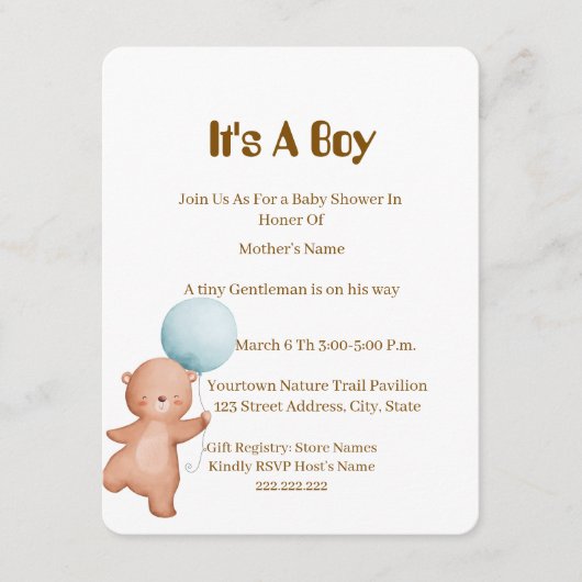 Teddybeer Babyshower Uitnodiging Jongen, (Voorkant)
