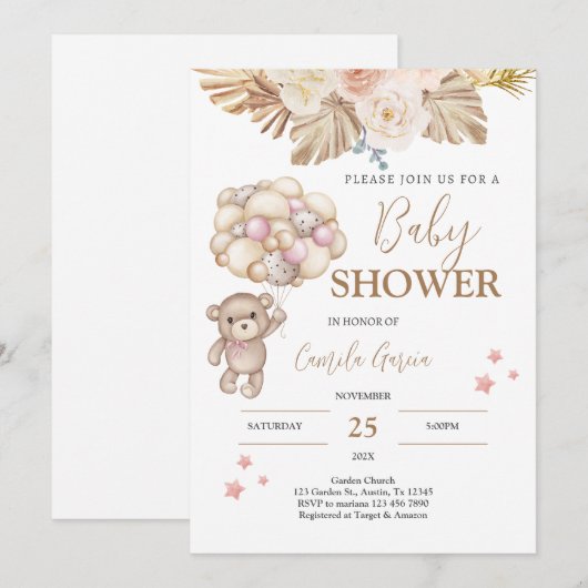 Teddybeer Babyshower Uitnodiging Meisje (Voorkant / Achterkant)