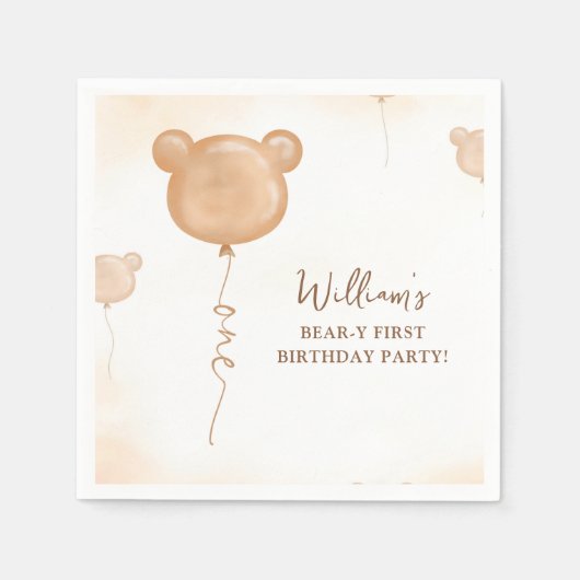 Teddybeer ballon 1e verjaardagsfeestje servet (Voorkant)