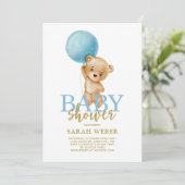 Teddybeer ballon baby shower jongen kaart (Staand voorkant)