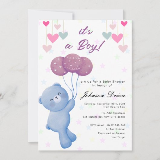 teddybeer ballon baby shower uitnodiging (Voorkant)