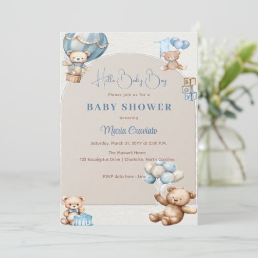 Teddybeer Ballon Baby Shower Uitnodiging (Staand voorkant)