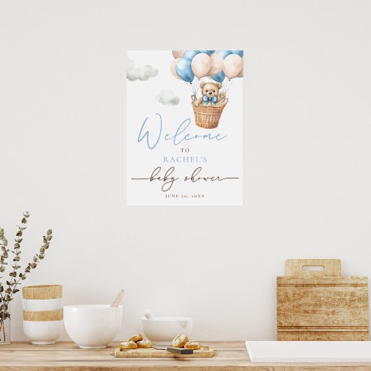 Teddybeer-ballon | Blue Boy Baby shower Welkom Poster (Keuken)