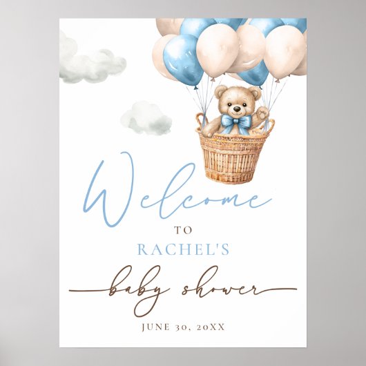 Teddybeer-ballon | Blue Boy Baby shower Welkom Poster (Voorkant)