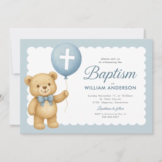 Teddybeer ballon doop uitnodiging (Voorkant)
