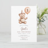 Teddybeer ballon eerste verjaardag kaart (Staand voorkant)