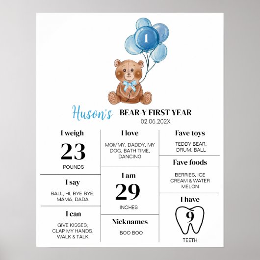 Teddybeer ballon eerste verjaardag mijlpaal teken poster (Voorkant)