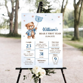 Teddybeer ballon eerste verjaardag mijlpaal teken poster