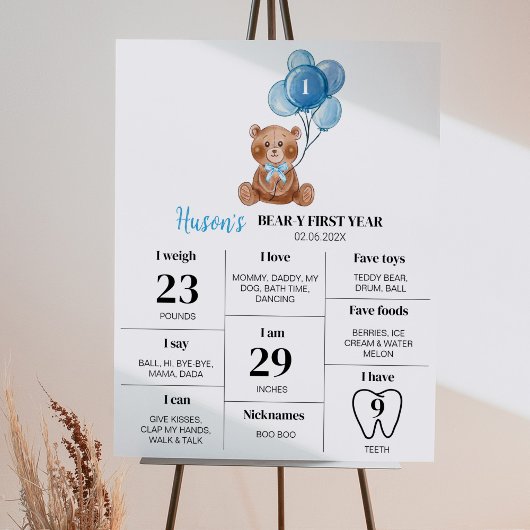 Teddybeer ballon eerste verjaardag mijlpaal teken poster