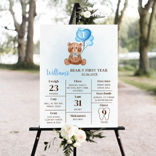 Teddybeer ballon eerste verjaardag mijlpaal teken poster