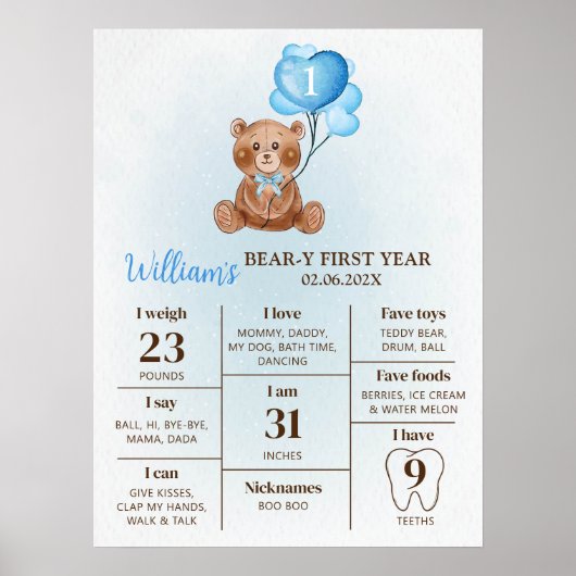 Teddybeer ballon eerste verjaardag mijlpaal teken poster (Voorkant)