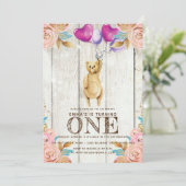 Teddybeer ballon eerste verjaardag rustiek kaart (Staand voorkant)