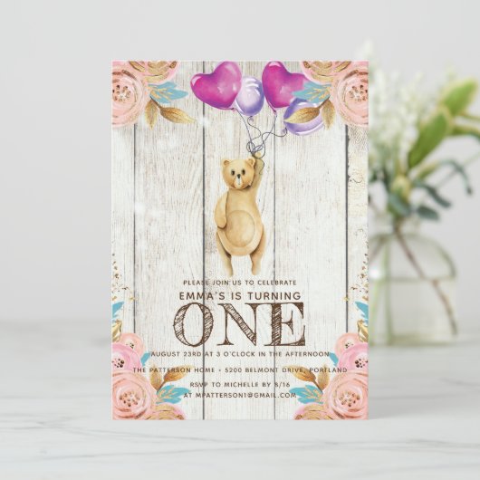 Teddybeer ballon eerste verjaardag rustiek kaart (Staand voorkant)