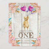 Teddybeer ballon eerste verjaardag rustiek kaart (Voorkant / Achterkant)