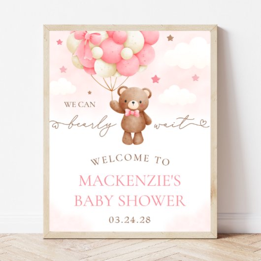 Teddybeer Ballon Meisje Baby Shower Welkom Bord Poster