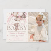 Teddybeer ballon roze regenboog verjaardag foto kaart (Voorkant)