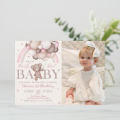 Teddybeer ballon roze regenboog verjaardag foto kaart (Staand voorkant)