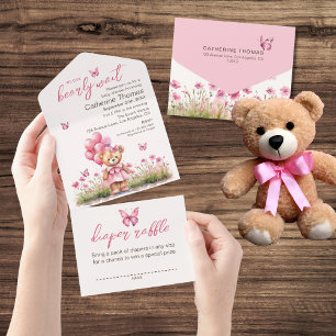 Teddybeer ballon roze vlinder meisje Baby shower All In One Uitnodiging