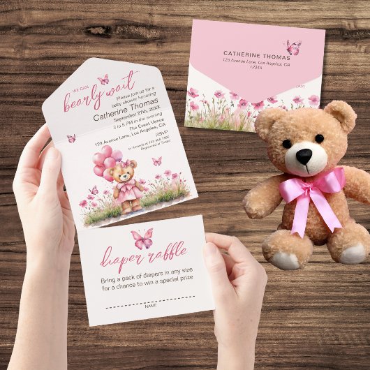 Teddybeer ballon roze vlinder meisje Baby shower All In One Uitnodiging
