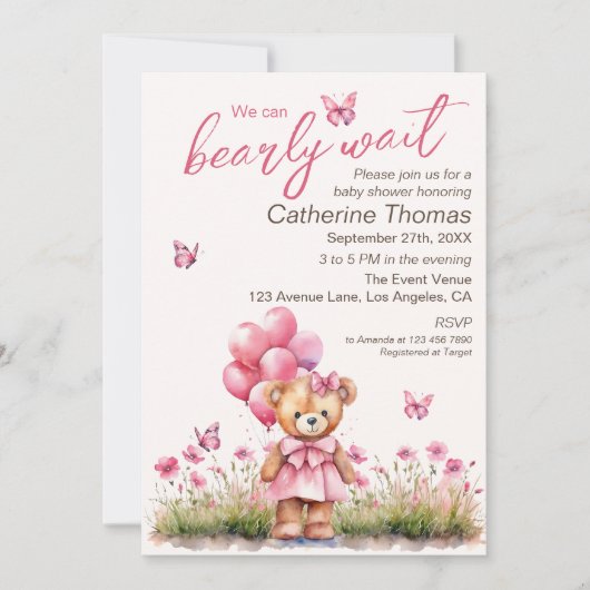 Teddybeer ballon roze vlinder meisje Baby shower Kaart (Voorkant)