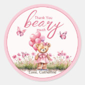 Teddybeer ballon roze vlinder meisje Baby shower Ronde Sticker (Voorkant)