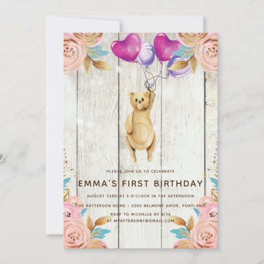 Teddybeer ballon rustieke eerste verjaardag kaart (Voorkant)