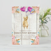 Teddybeer ballon rustieke eerste verjaardag kaart (Staand voorkant)