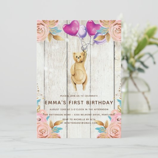 Teddybeer ballon rustieke eerste verjaardag kaart (Staand voorkant)